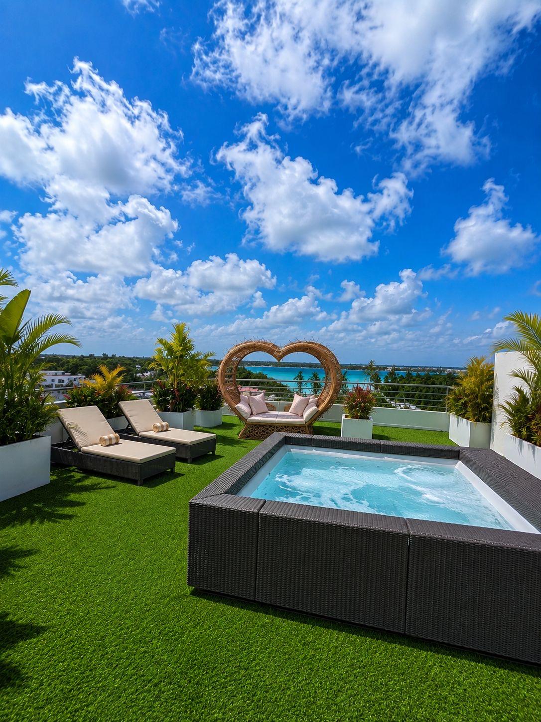 Toit-terrasse privatif avec jacuzzi, transats et vue mer sur la baie de Grand Baie — Le Belvédère
